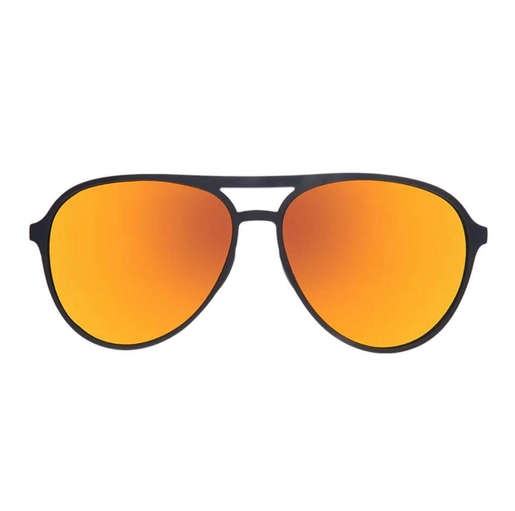 Goodr Aviator sunglasses with orange lenses and black frames on a white background. Available at Be Charmed