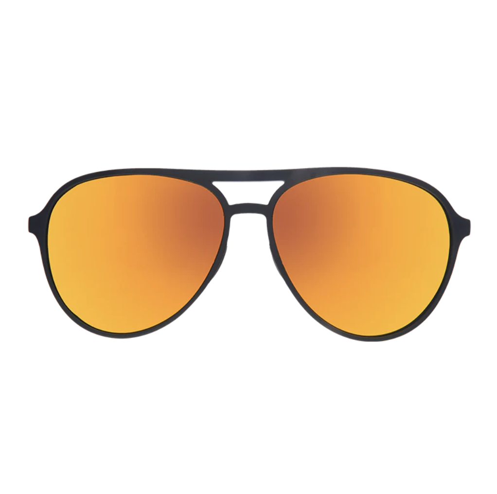 Goodr Aviator sunglasses with orange lenses and black frames on a white background. Available at Be Charmed