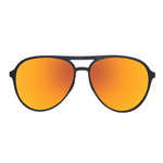 Goodr Aviator sunglasses with orange lenses and black frames on a white background. Available at Be Charmed
