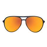 Goodr Aviator sunglasses with orange lenses and black frames on a white background. Available at Be Charmed