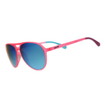 A pair of pink and teal aviator-style sunglasses with mirrored reflective lenses and full UV400 protection. Available at Be Charmed