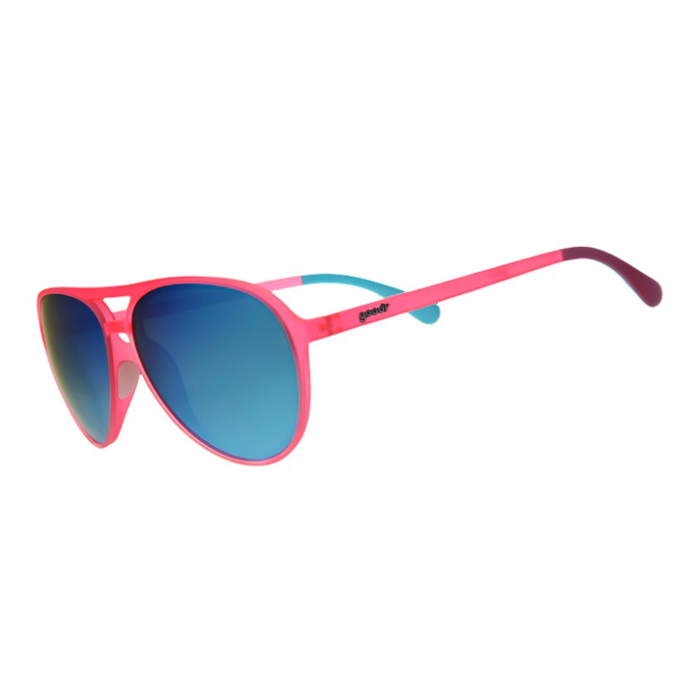 A pair of pink and teal aviator-style sunglasses with mirrored reflective lenses and full UV400 protection. Available at Be Charmed