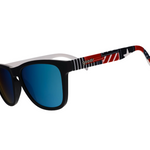 Goodr Class of 1776 Sunglasses featuring red, white, and blue frames with polarized lenses, designed for patriotic style and active comfort, available at Be Charmed