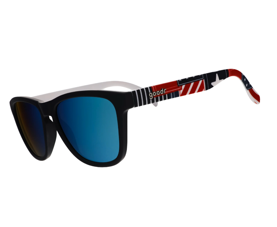 Goodr Class of 1776 Sunglasses featuring red, white, and blue frames with polarized lenses, designed for patriotic style and active comfort, available at Be Charmed