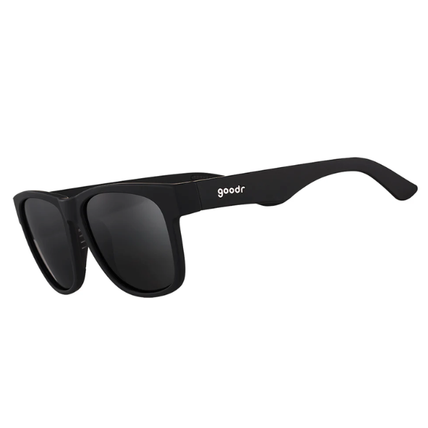 Goodr Hooked On Onyx sunglasses featuring matte black frames, polarized lenses, and a no-slip, no-bounce design—performance meets style at Be Charmed.