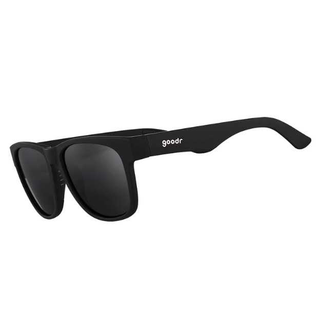 Goodr Hooked On Onyx sunglasses featuring matte black frames, polarized lenses, and a no-slip, no-bounce design—performance meets style at Be Charmed.