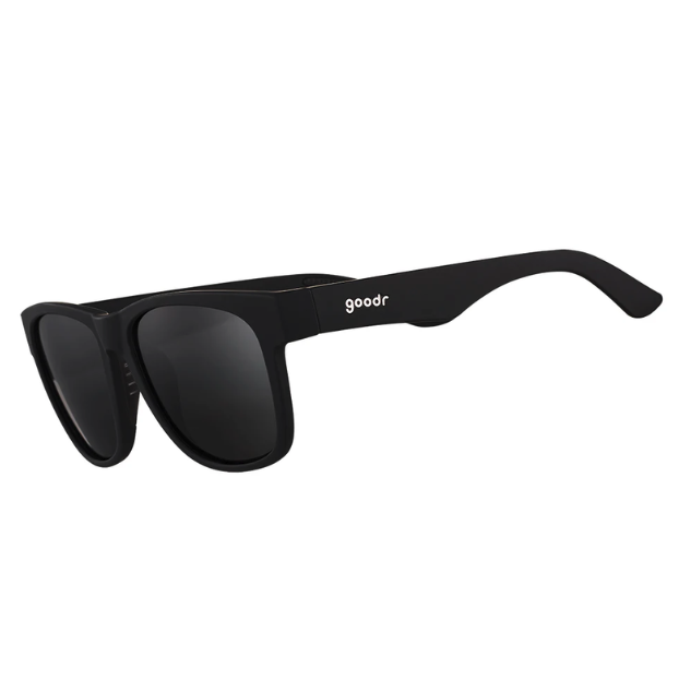 Goodr Hooked On Onyx sunglasses featuring matte black frames, polarized lenses, and a no-slip, no-bounce design—performance meets style at Be Charmed.