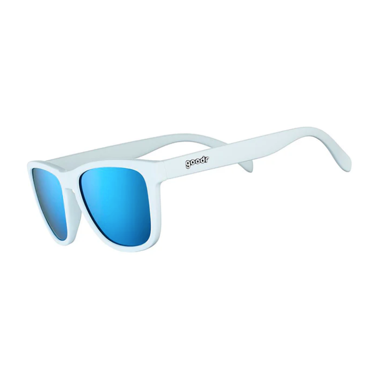 Goodr Iced By Yetis Sunglasses featuring frosty white frames and icy blue polarized lenses, built for active comfort and cool adventures, available at Be Charmed