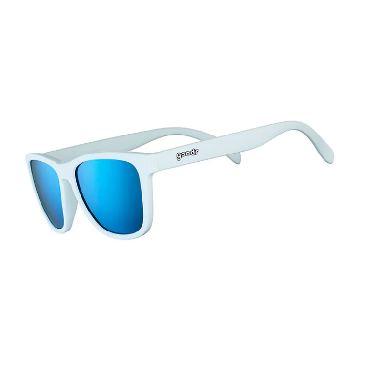 Goodr Iced By Yetis Sunglasses featuring frosty white frames and icy blue polarized lenses, built for active comfort and cool adventures, available at Be Charmed