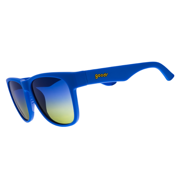 Goodr Jellyfishing For Compliments Sunglasses with vibrant blue frames and  polarized lenses, designed for active comfort and bold beachy style, available at Be Charmed