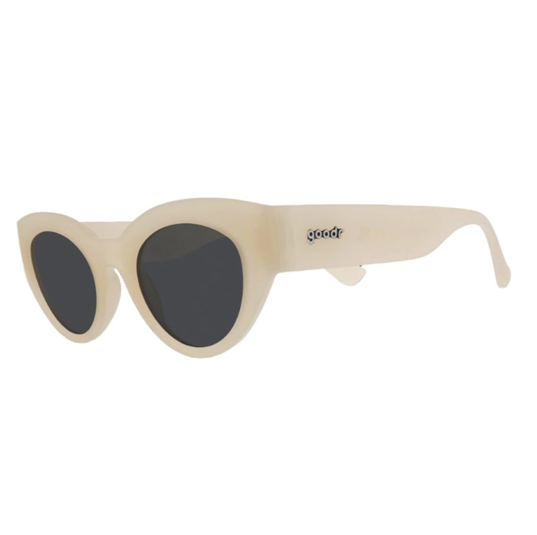 Lolo's Lunar Nuptials Goodr sunglasses with sleek mirrored lenses and non-slip white frames—polarized for performance; available at Be Charmed