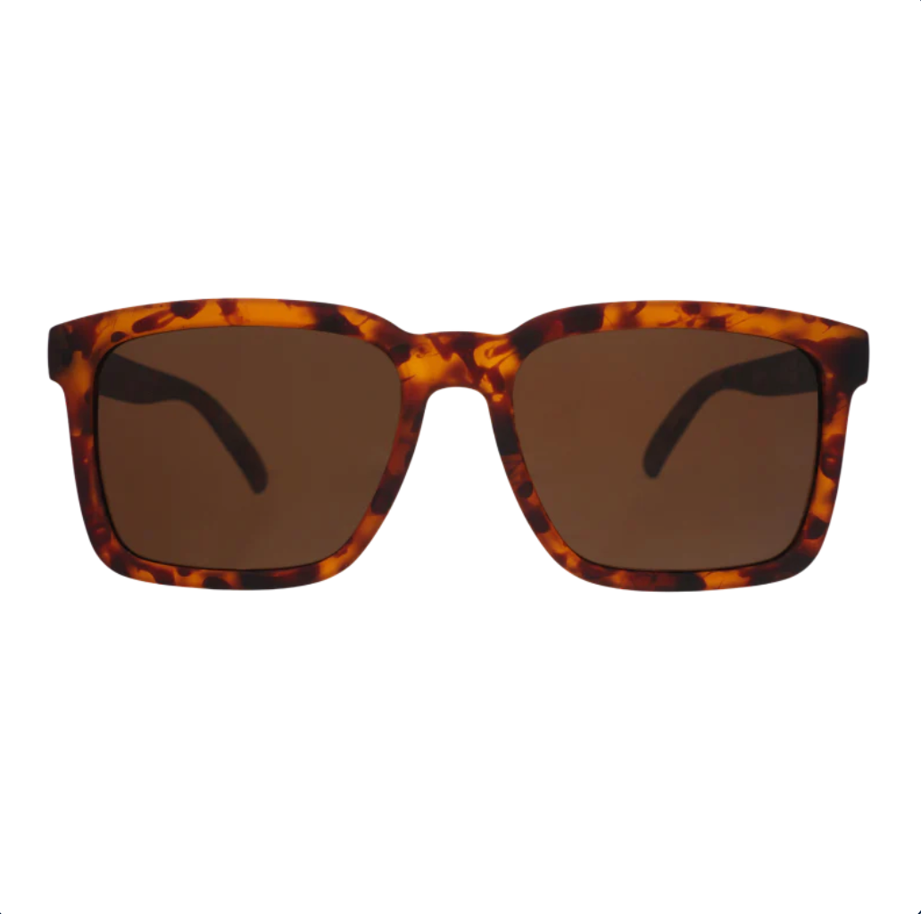Goodr Sunglasses with tortoiseshell frame and brown lenses on a white background. Available at Be Charmed
