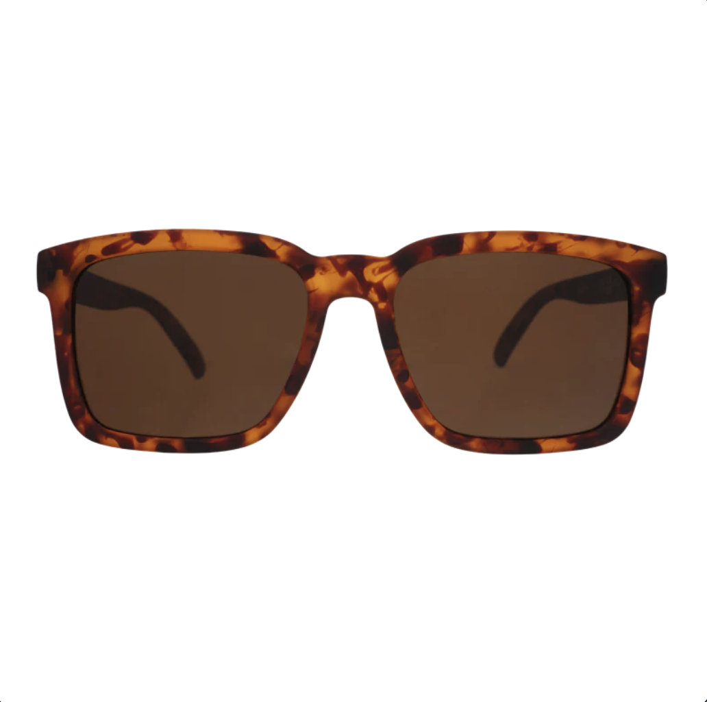 Goodr Sunglasses with tortoiseshell frame and brown lenses on a white background. Available at Be Charmed