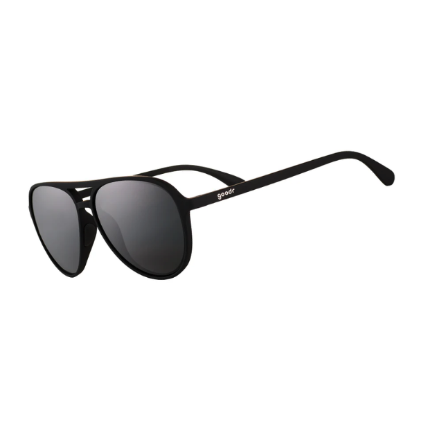 Operation Blackout Goodr sunglasses with all-black polarized lenses and matte black no-slip frames—sleek performance shades; available at Be Charmed