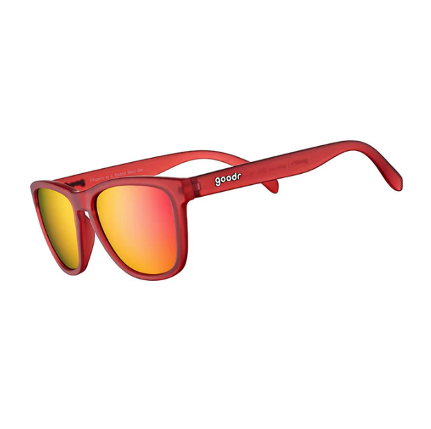 Red Goodr sunglasses with polarized lenses and UV protection, featuring a phoenix bird design on the side. Available at Be Charmed