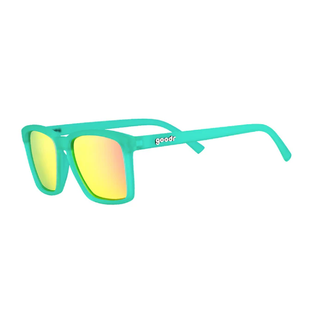 Short With Benefits Goodr sunglasses with pink mirrored lenses and hot pink no-slip frames—polarized for active wear; available at Be Charmed