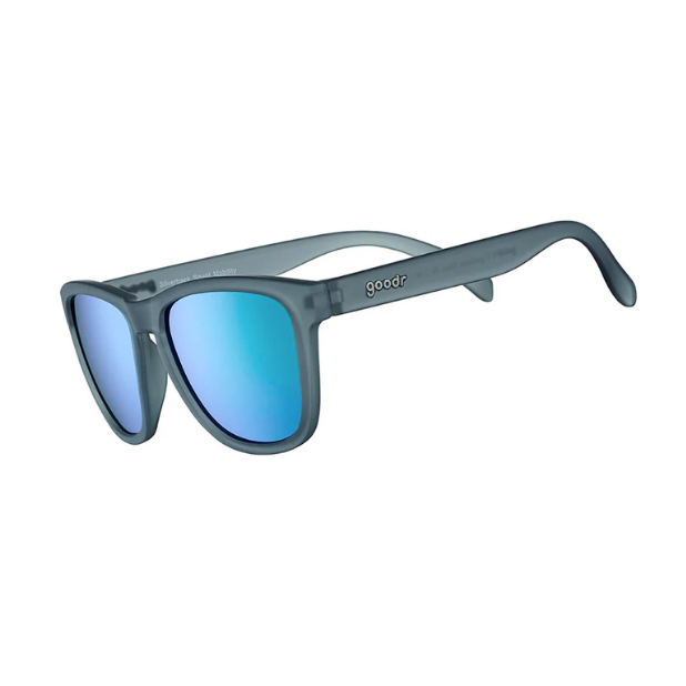 Goodr Silverback Squat Mobility Sunglasses with matte black frames and silver polarized lenses, designed for high-intensity workouts with a no-slip fit, available at Be Charmed