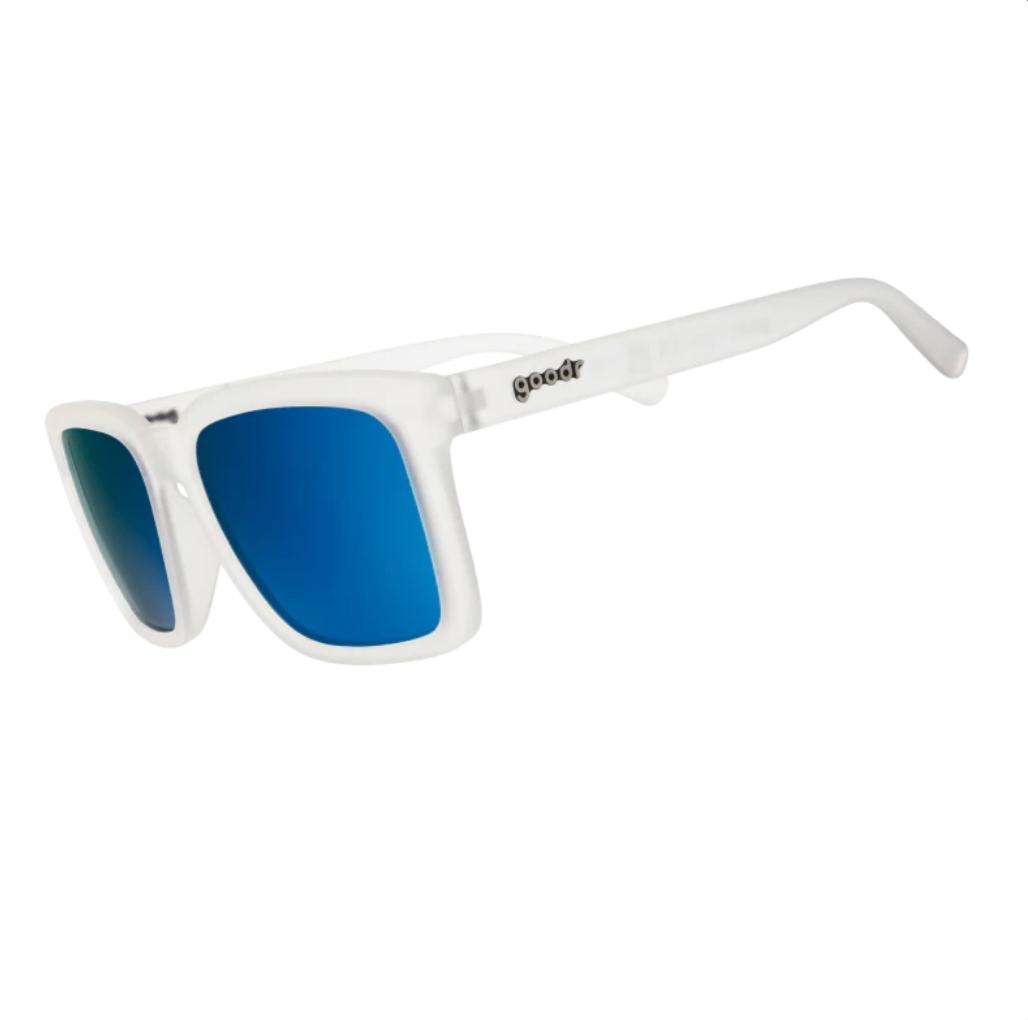Goodr White sunglasses with blue lenses on a white background. Available at Be Charmed