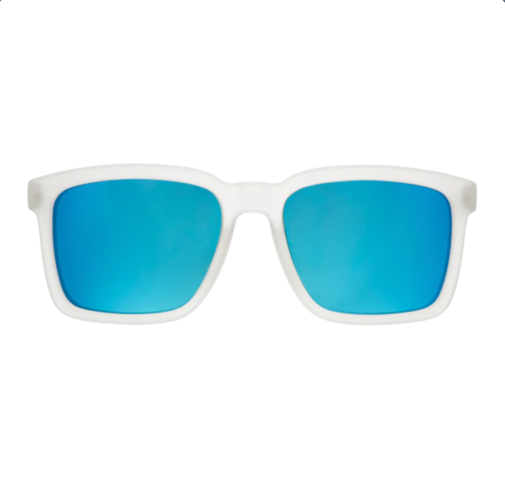 Goodr White sunglasses with blue lenses on a white background. Available at Be Charmed