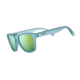 Goodr Sunbathing with Wizards Sunglasses featuring blue frames and green polarized lenses, combining mystical style with sport-ready performance, available at Be Charmed