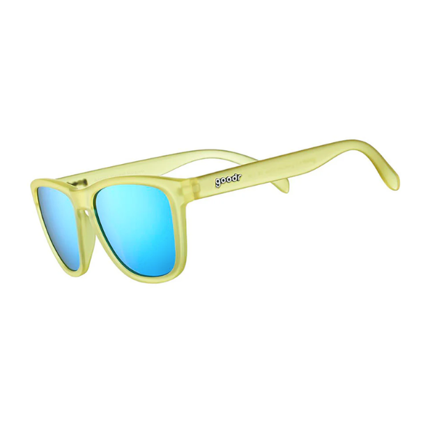 A pair of yellow and blue Goodr sunglasses with blue reflective lenses. Available at Be Charmed