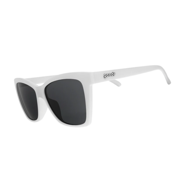 White angular framed Goodr sunglasses with black non-reflective lenses, branded with 'goodr'.