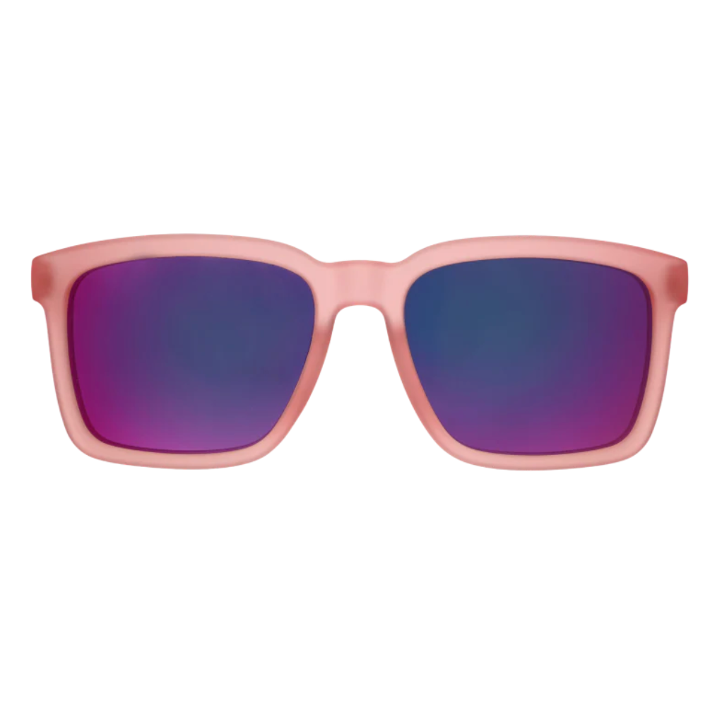 Goodr Sunglasses with pink frame and purple lenses on a white background. Available at Be Charmed