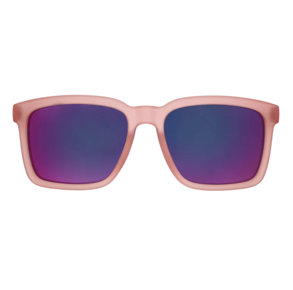 Goodr Sunglasses with pink frame and purple lenses on a white background. Available at Be Charmed