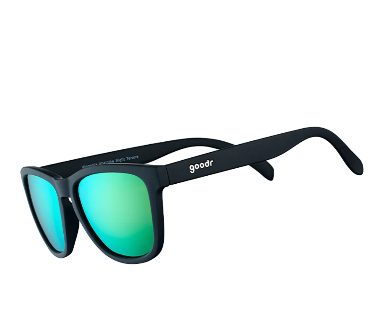 Vincent's Absinthe Night Terrors Goodr sunglasses with vivid green frames and polarized lenses—bold, secure, and stylish; available at Be Charmed