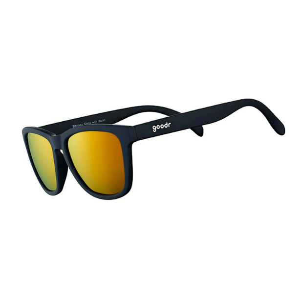 A pair of Goodr sunglasses with black frames and amber lenses. Available at Be Charmed