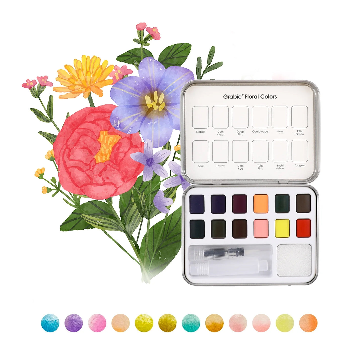 Watercolor paint set with a tin labeled 'Gribble Floral Colors' next to watercolor flowers on a white background. Available at Be Charmed