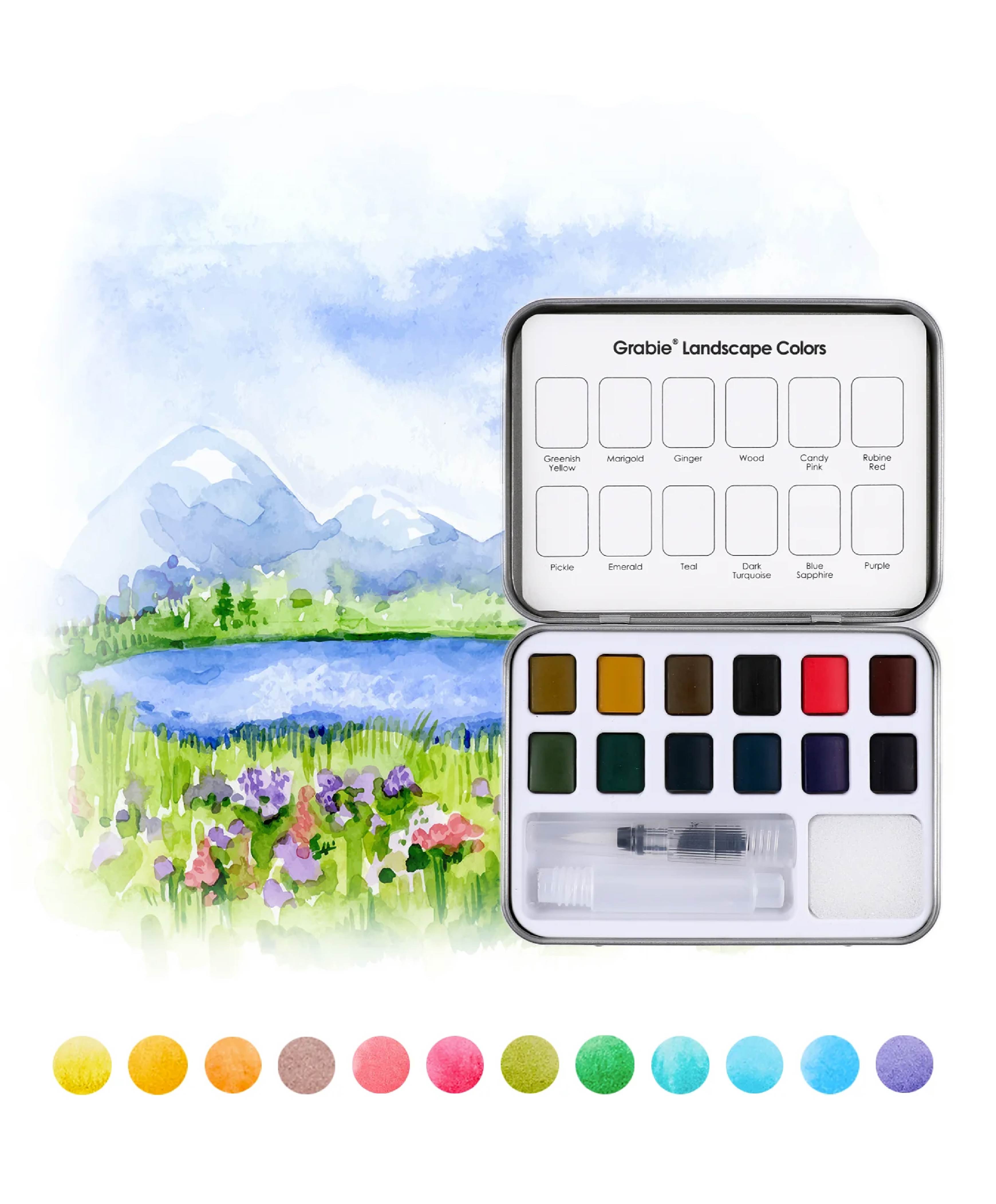 Grabie Watercolor paint set with a landscape illustration on a white background. Available at Be Charmed