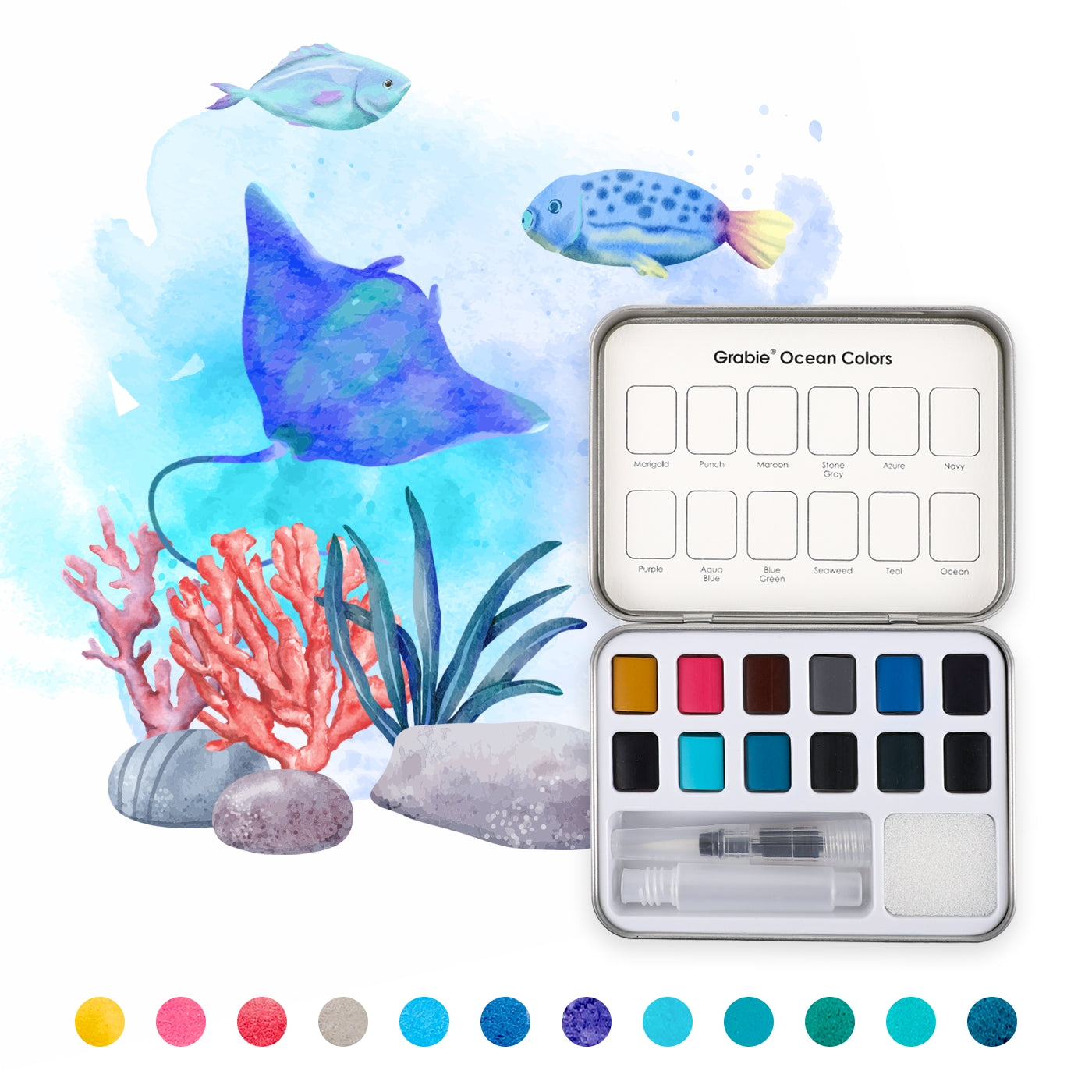 Set of watercolor paints with an ocean-themed design featuring fish, coral, and a stingray. Available at Be Charmed