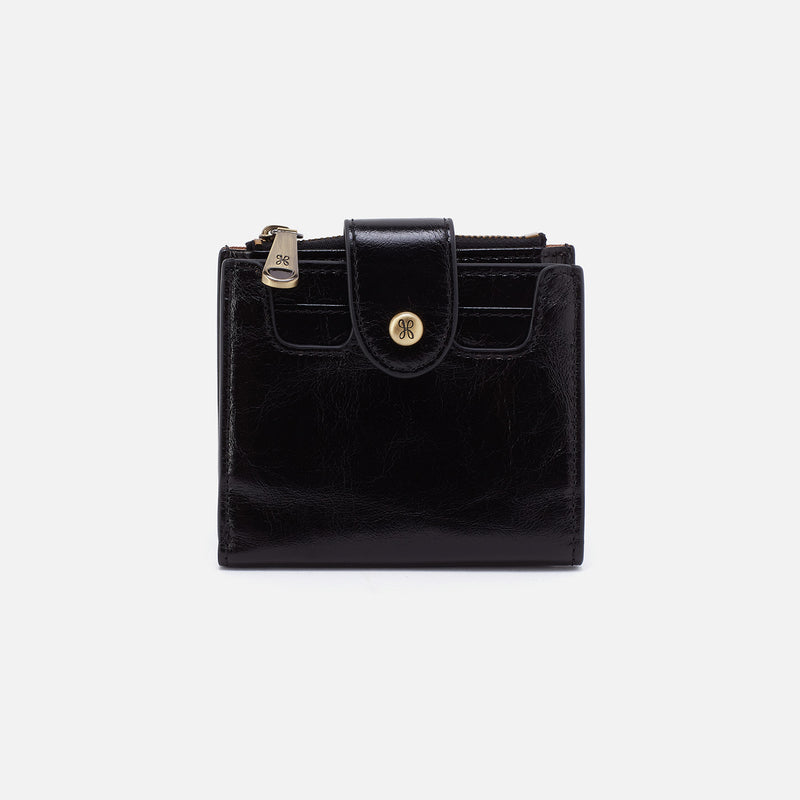 Black leather Hobo wallet with gold accents on a white background. Available at Be Charmed