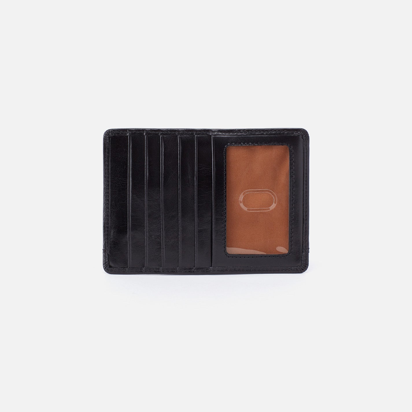 Black leather HOBO wallet with a brown card pocket on a white background. Available at Be Charmed