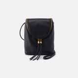Black HOBO leather handbag with gold accents on a white background. Available at Be Charmed