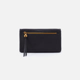 Black HOBO wallet with a gold zipper on a white background. Available at Be Charmed