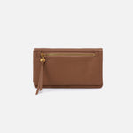 TImber Brown wallet with a strap on a white background. Available at Be Charmed