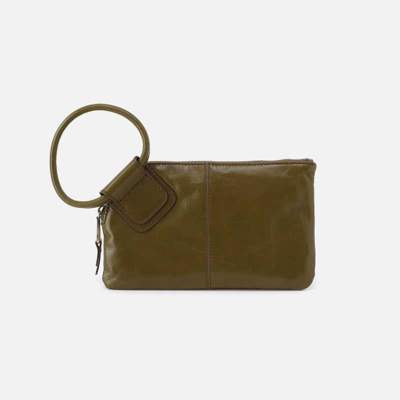Olive Veil HOBO leather clutch with a wrist strap on a white background. Available at Be Charmed