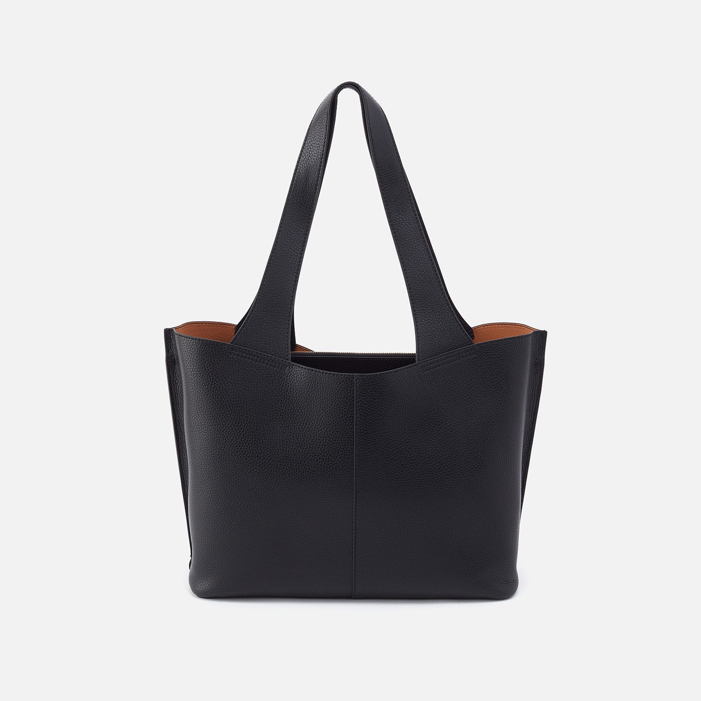Black HOBO  tote bag with brown interior on a white background. Available at Be Charmed