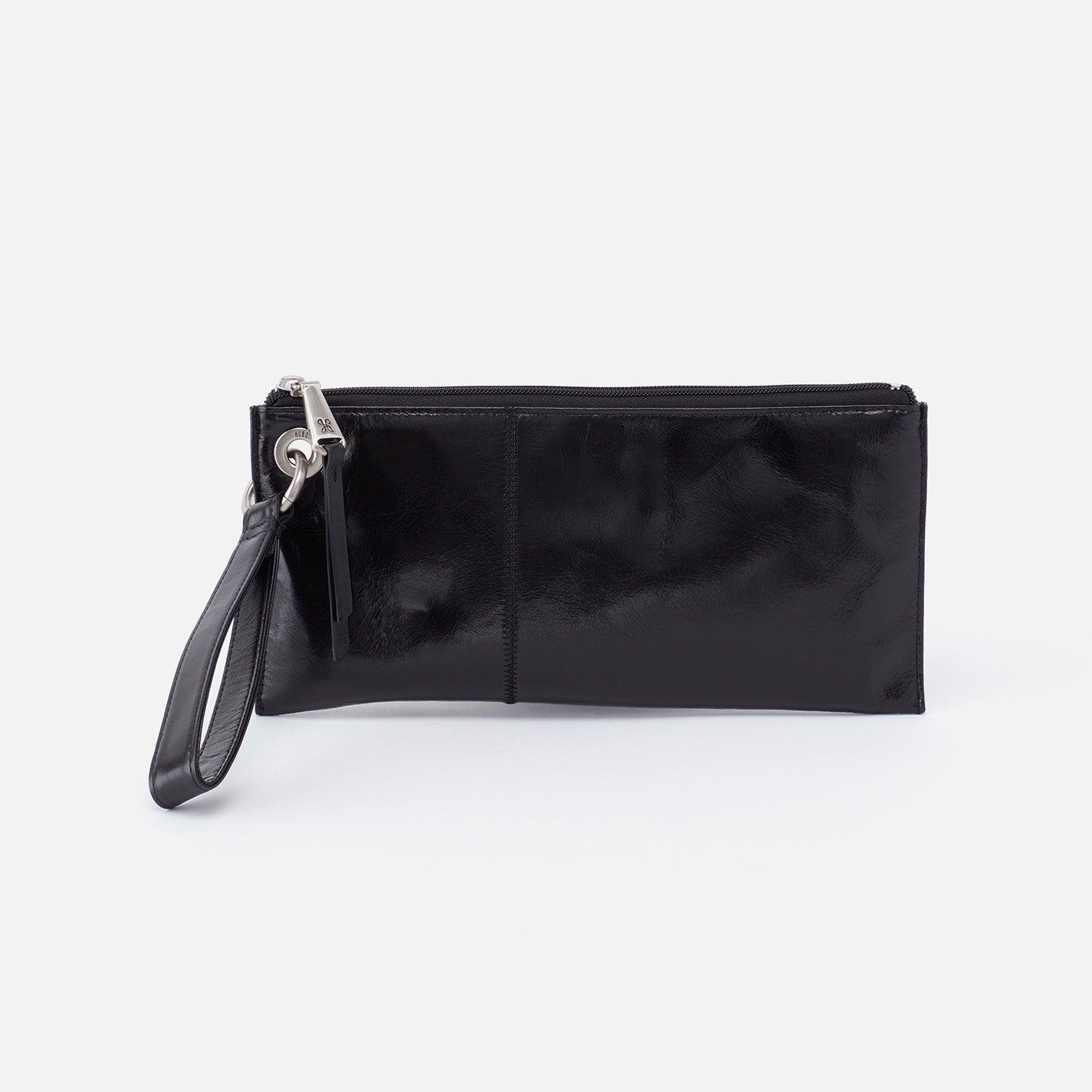Black HOBO wristlet bag with wrist strap on a white background. Available at Be Charmed