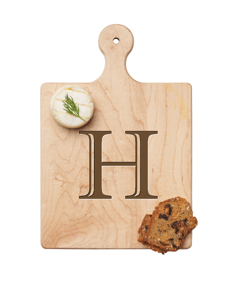 Maple Leaf 9x6 Initial Board H with Spreader. Personalized wooden serving board with monogram design. Perfect gift. Available at Be Charmed.