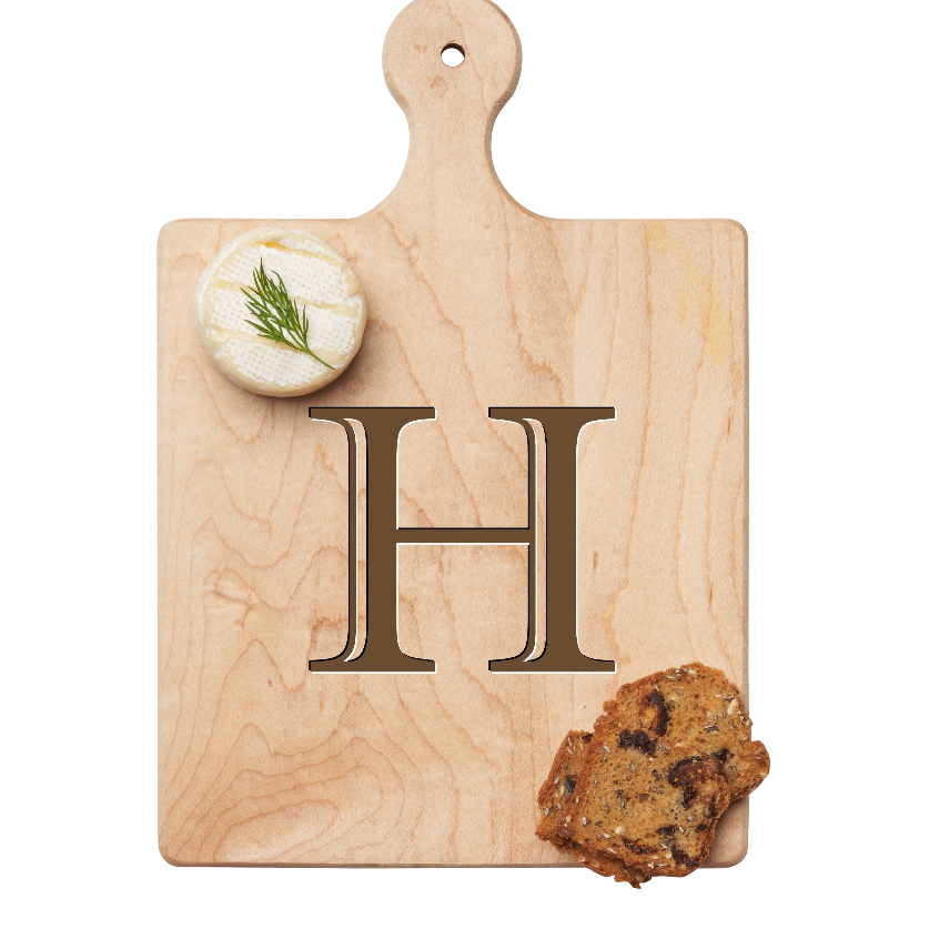 Maple Leaf 9x6 Initial Board H with Spreader. Personalized wooden serving board with monogram design. Perfect gift. Available at Be Charmed.