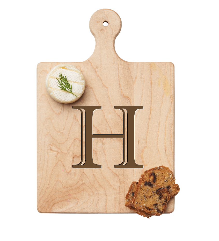 Maple Leaf 9x6 Initial Board H with Spreader. Personalized wooden serving board with monogram design. Perfect gift. Available at Be Charmed.