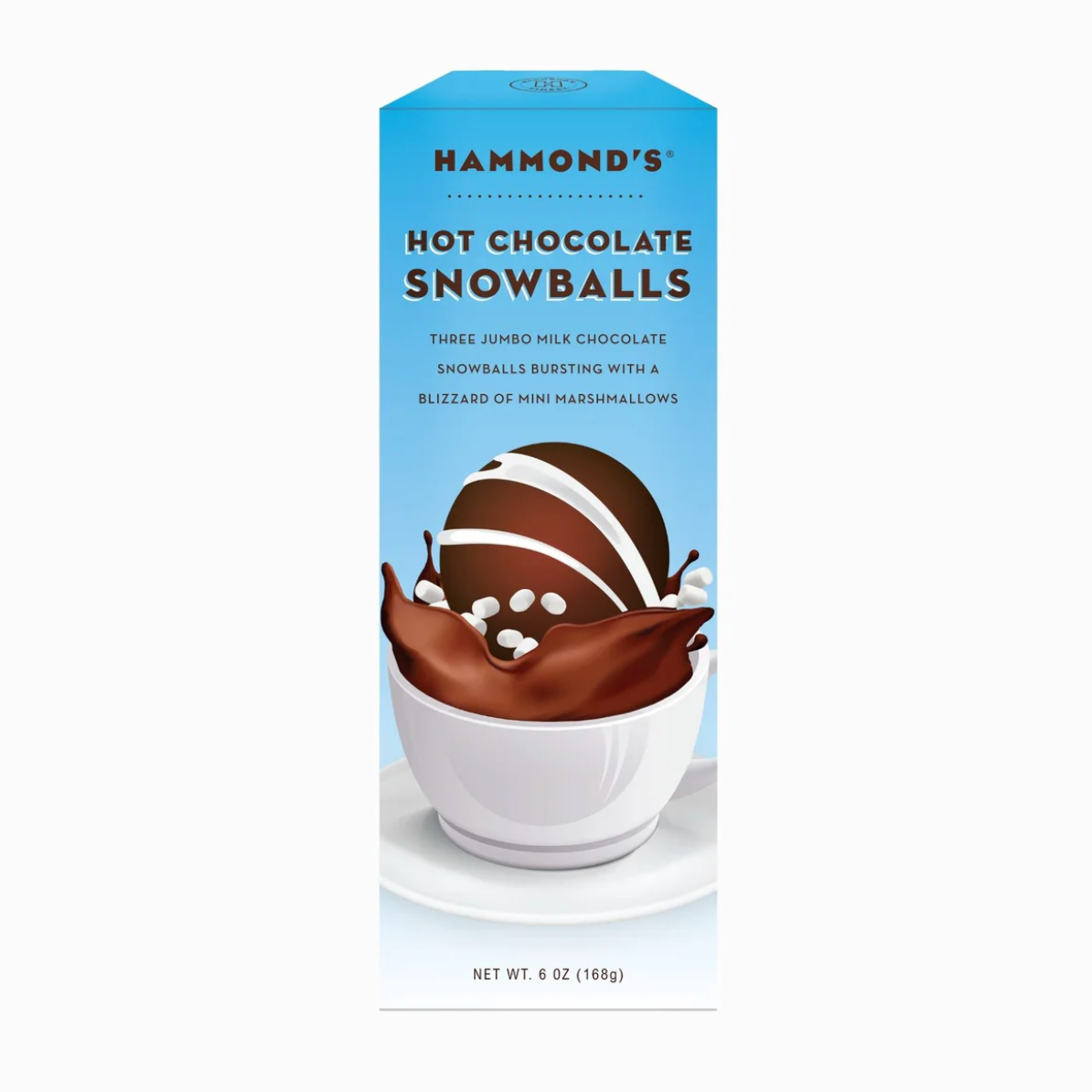 Packaging of Hammond's Hot Chocolate Snowballs featuring an image of a chocolate snowball with marshmallows visible, against a blue background. Available at Be Charmed