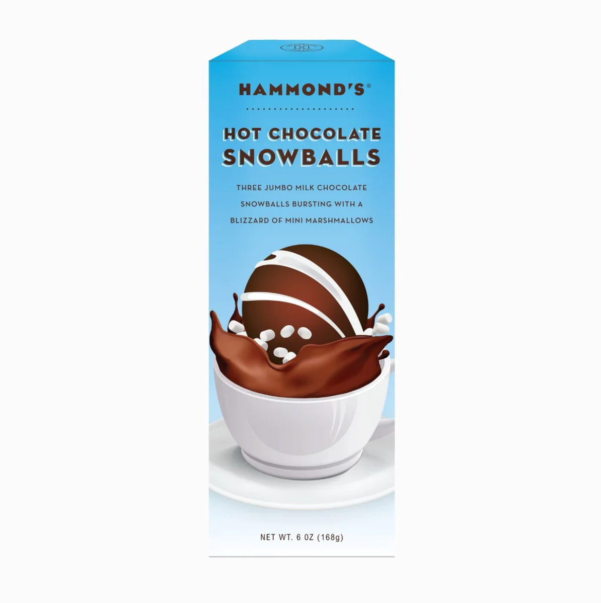 Packaging of Hammond's Hot Chocolate Snowballs featuring an image of a chocolate snowball with marshmallows visible, against a blue background. Available at Be Charmed