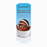 Packaging of Hammond's Hot Chocolate Snowballs featuring an image of a chocolate snowball with marshmallows visible, against a blue background. Available at Be Charmed