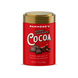 Red canister of Hammond's Double Chocolate Cocoa on a white background. Avaiable at Be Charmed