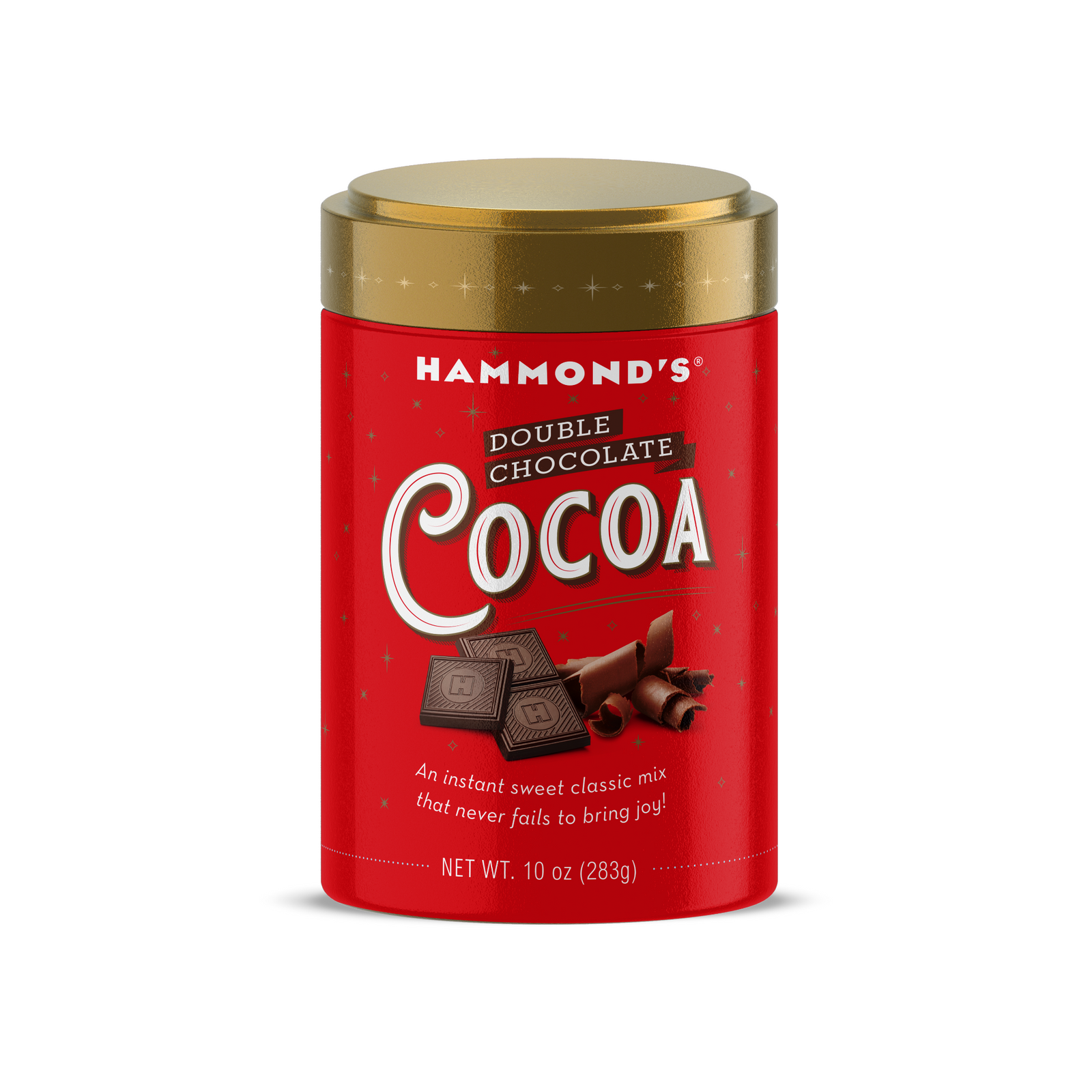 Red canister of Hammond's Double Chocolate Cocoa on a white background. Avaiable at Be Charmed