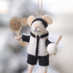 Felt mouse ornament with a tennis racket and ball on a blurred snowy background. Available at Be Charmed